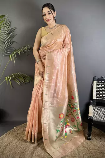 Women coral pink parrot & floral woven design tissue saree