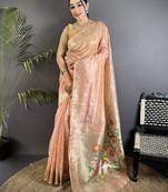 Women coral pink parrot & floral woven design tissue saree