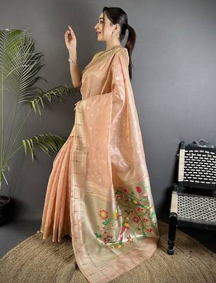 Women coral pink parrot & floral woven design tissue saree 2