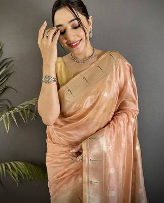 Women coral pink parrot & floral woven design tissue saree 4