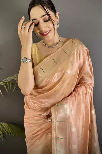 Women coral pink parrot & floral woven design tissue saree