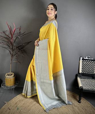 Women yellow intricate geometric soft silk saree 2