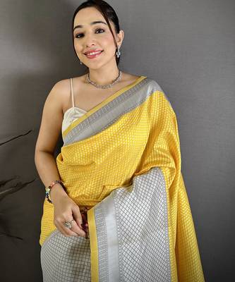 Women yellow intricate geometric soft silk saree 3