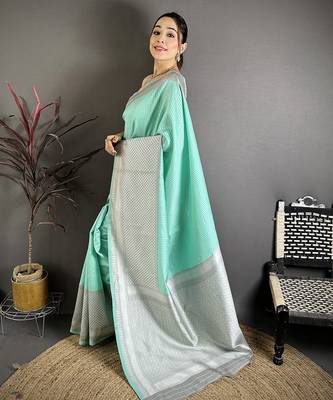 Women mint green   intricate geometric soft silk saree 2