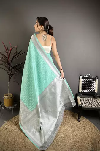 Women mint green   intricate geometric soft silk saree