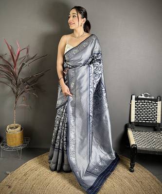 Women blue floral motifs soft silk saree 1