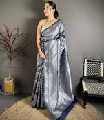 Women blue floral motifs soft silk saree