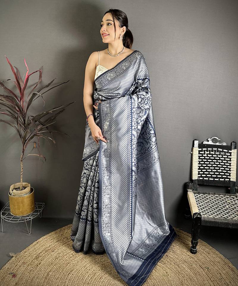 Women blue floral motifs soft silk saree