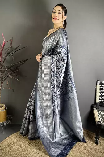Women blue floral motifs soft silk saree