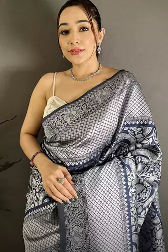 Women blue floral motifs soft silk saree