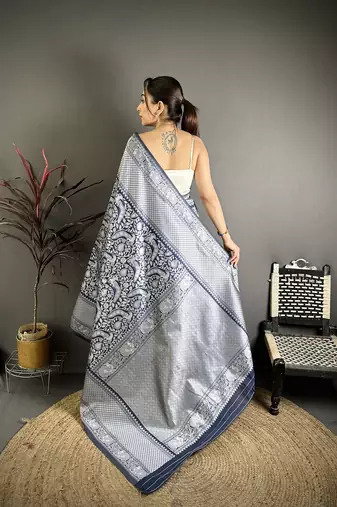 Women blue floral motifs soft silk saree