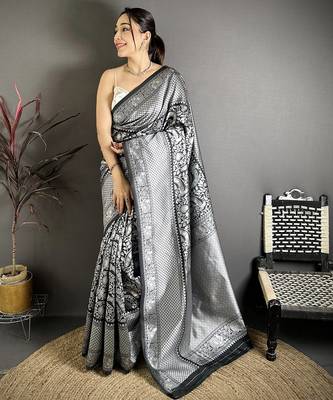 Women black floral motifs soft silk saree 1
