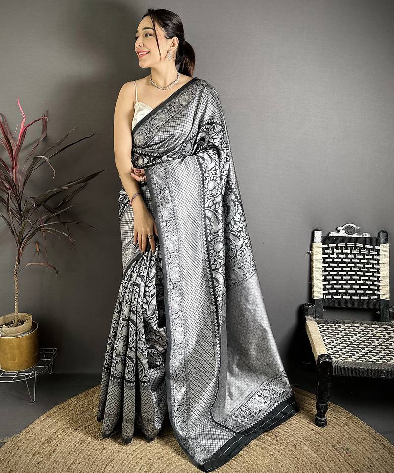 Women black floral motifs soft silk saree