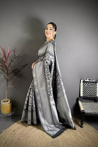 Women black floral motifs soft silk saree