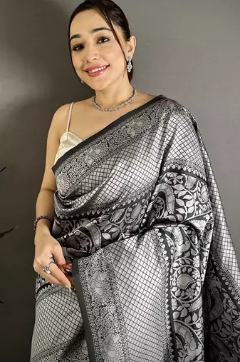 Women black floral motifs soft silk saree