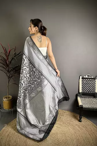 Women black floral motifs soft silk saree