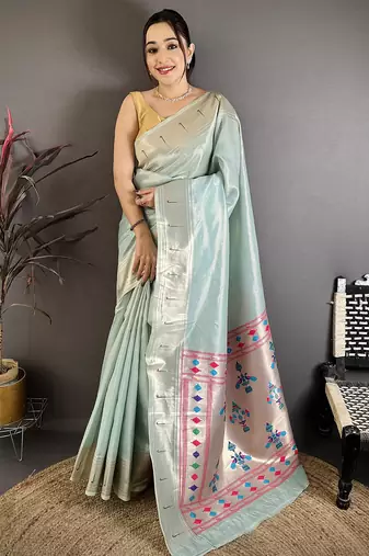 Women light blue solid tissue saree