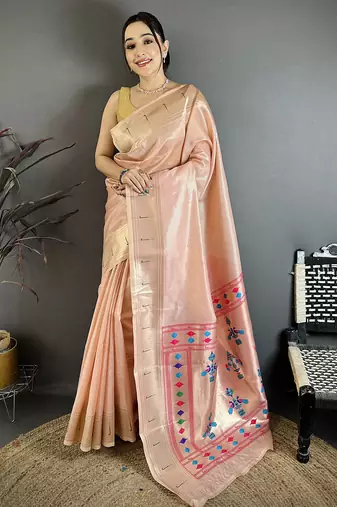 Women peach solid tissue saree