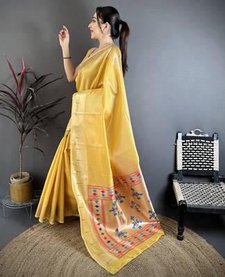 Women golden yellow solid tissue saree 2