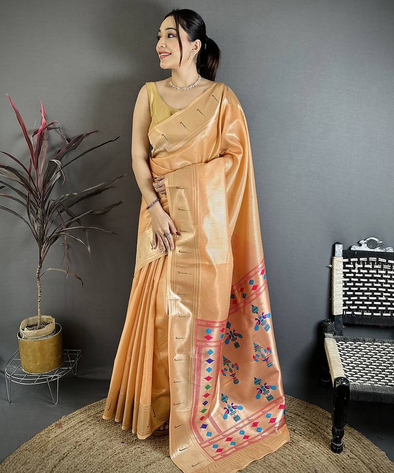 Women orange solid tissue saree