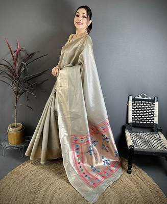 Women grey solid tissue saree 2