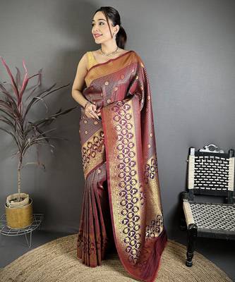 Women wine checked & floral motifs banarasi soft silk blend saree 1
