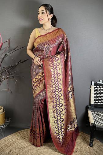 Women wine checked & floral motifs banarasi soft silk saree