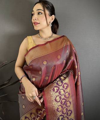 Women wine checked & floral motifs banarasi soft silk blend saree 3