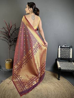 Women wine checked & floral motifs banarasi soft silk blend saree 4