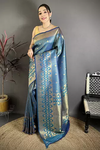 Women atom blue checked & floral motifs banarasi soft silk saree
