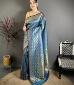 Women atom blue checked & floral motifs banarasi soft silk saree