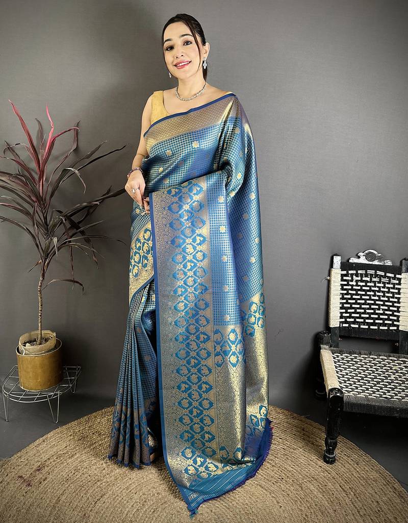 Women atom blue checked & floral motifs banarasi soft silk saree