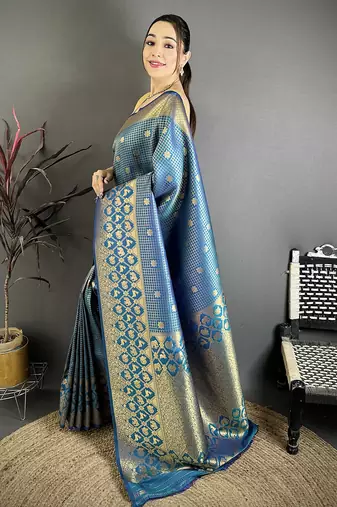 Women atom blue checked & floral motifs banarasi soft silk saree
