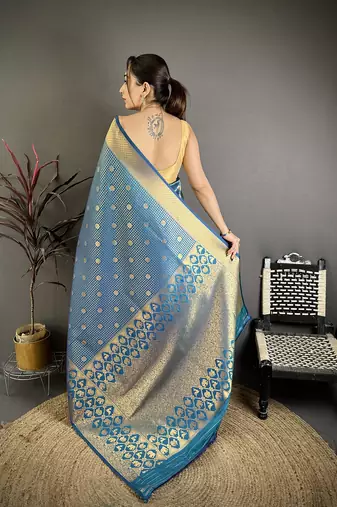 Women atom blue checked & floral motifs banarasi soft silk saree
