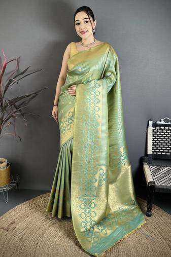 Women pista green checked & floral motifs banarasi soft silk saree