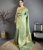 Women pista green checked & floral motifs banarasi soft silk saree
