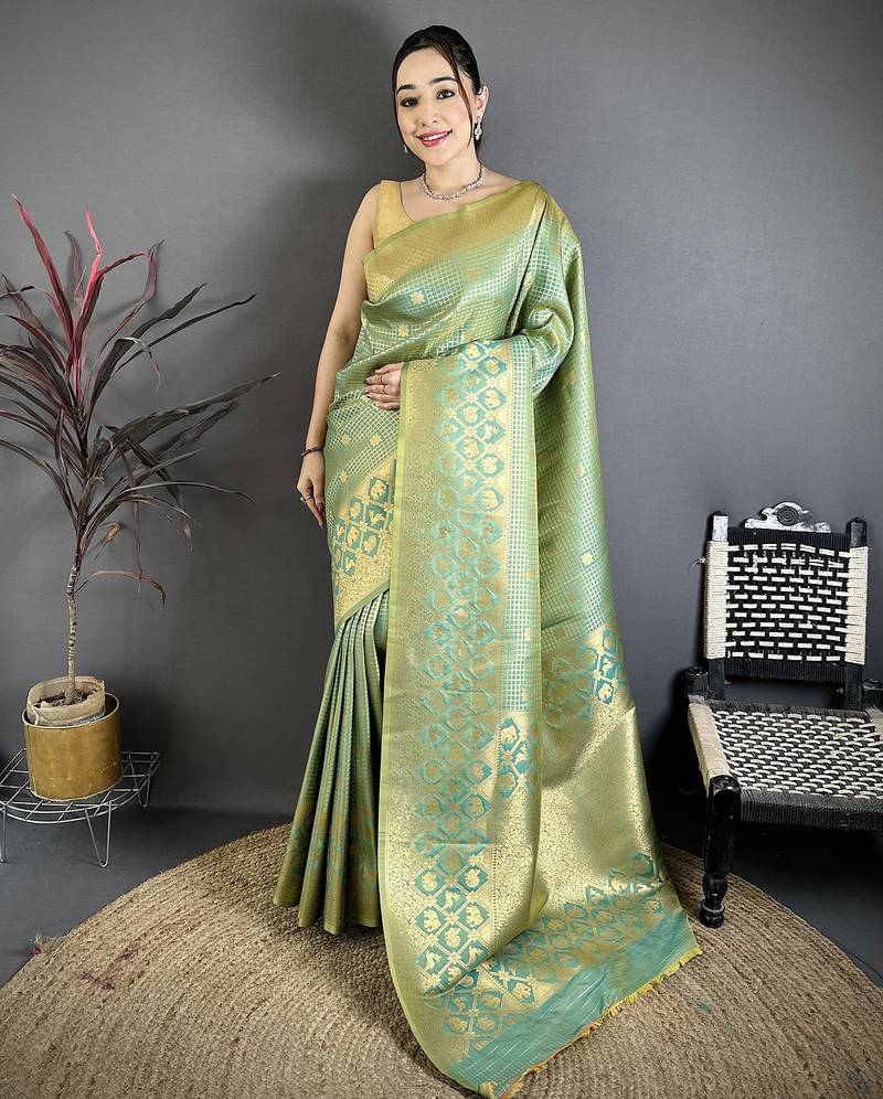 Women pista green checked & floral motifs banarasi soft silk saree