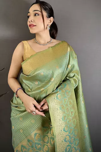 Women pista green checked & floral motifs banarasi soft silk saree