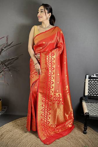 Women red   checked & floral motifs banarasi soft silk saree