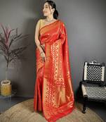 Women red   checked & floral motifs banarasi soft silk saree