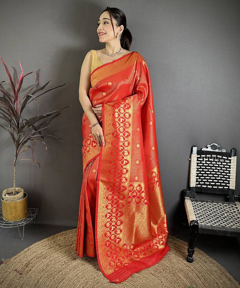 Women red   checked & floral motifs banarasi soft silk saree