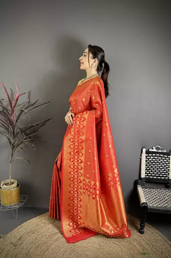 Women red   checked & floral motifs banarasi soft silk saree