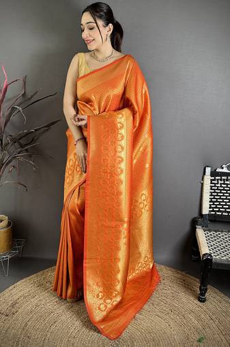Women orange checked & floral motifs banarasi soft silk saree