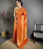 Women orange checked & floral motifs banarasi soft silk saree