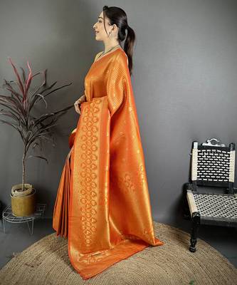 Women orange checked & floral motifs banarasi soft silk blend saree 2