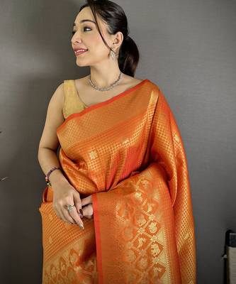 Women orange checked & floral motifs banarasi soft silk blend saree 3