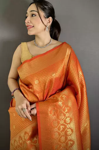 Women orange checked & floral motifs banarasi soft silk saree