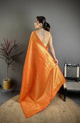Women orange checked & floral motifs banarasi soft silk blend saree 4