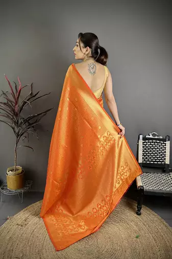 Women orange checked & floral motifs banarasi soft silk saree