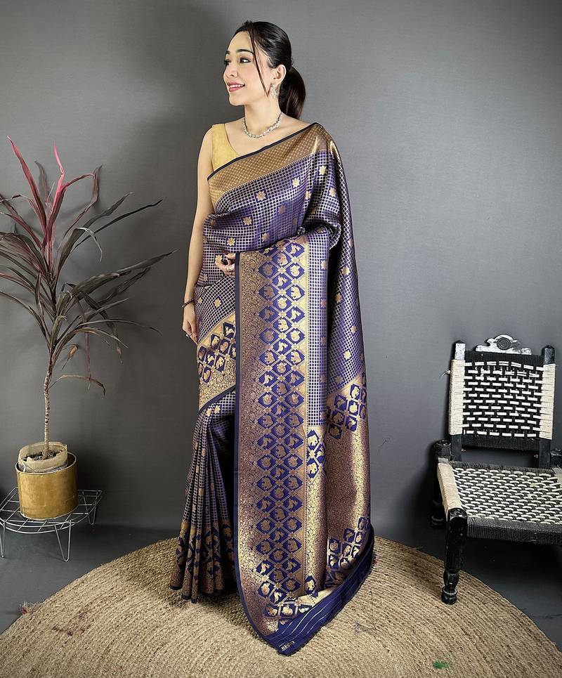 Women navy blue checked & floral motifs banarasi soft silk saree